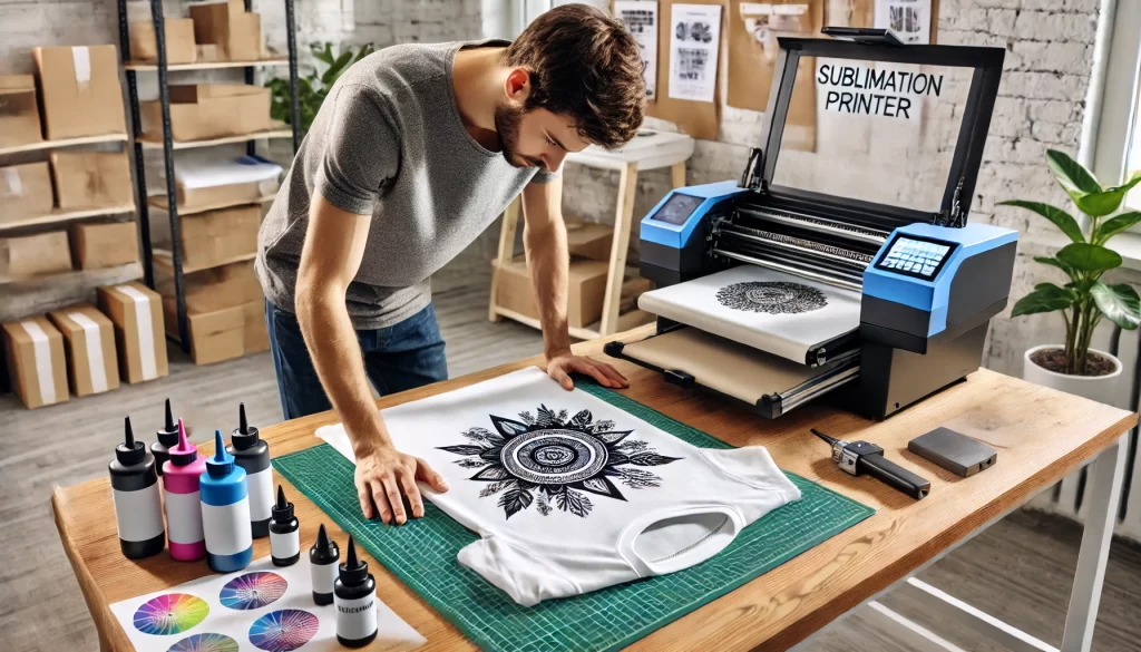 A man printing a T-shirt using a sublimation printer in a small workshop with tools and equipment visible.