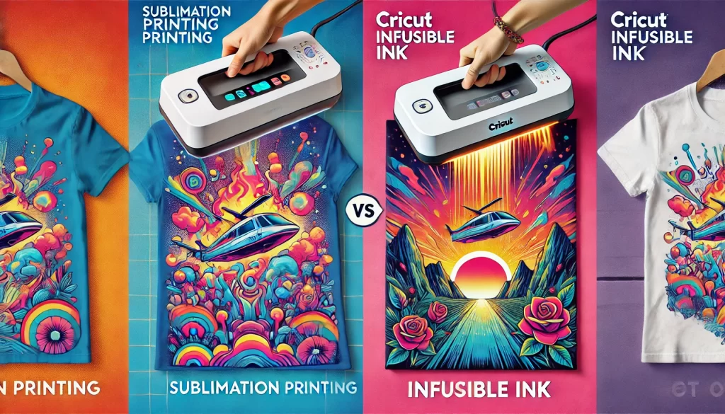 A comparison of sublimation printing with a heat press on a polyester T-shirt and Cricut Infusible Ink on a tote bag, highlighting tool and material differences.