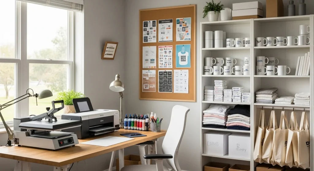 Sublimation printing workspace with heat press, printer, inks, and blank products like mugs and shirts neatly organized.