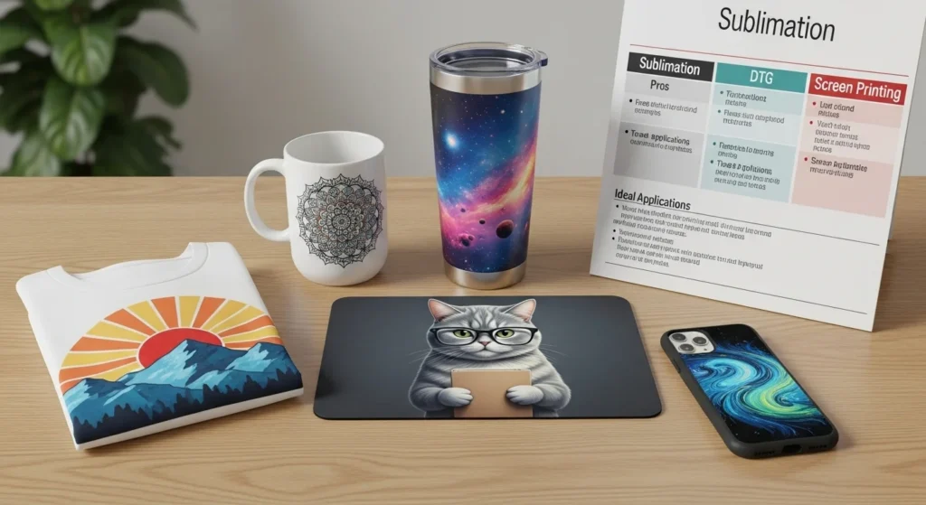Various sublimated products including T-shirt, mug, tumbler, mousepad, and phone case, with chart comparing printing methods.