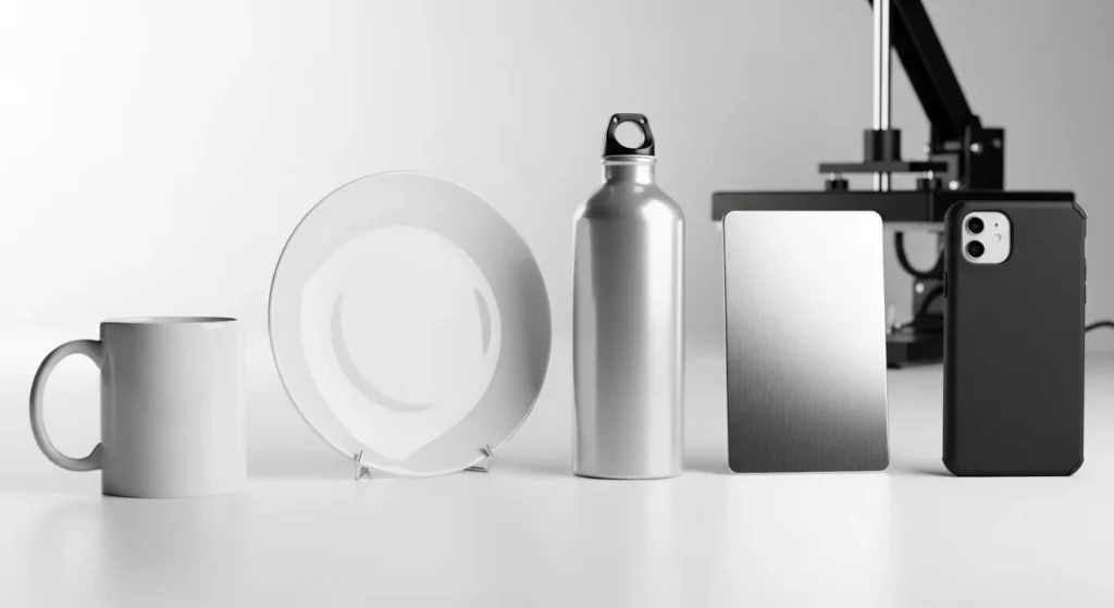 Assorted polymer-coated blanks for sublimation including mug, plate, water bottle, photo panel, and phone case.