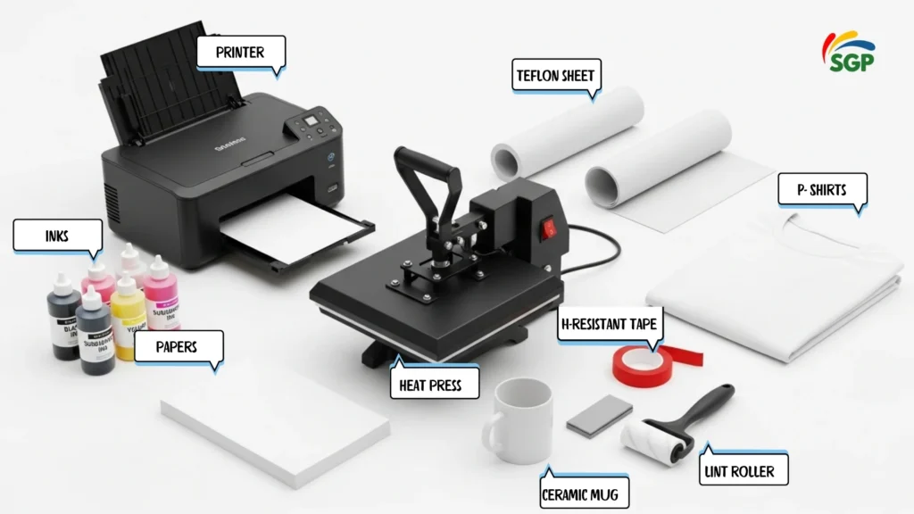 Flat lay of essential tools and materials for sublimation printing, including printer, heat press, paper, and accessories.
