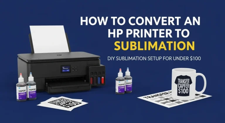 Thumbnail image showing an HP inkjet printer with colorful sublimation ink bottles, transfer paper, and a printed mug and T-shirt on a desk. Bold white text on a deep blue background says ‘How to Convert an HP Printer to Sublimation’ with a yellow subtitle that reads ‘DIY Setup for Under $100.’ Bright, clean lighting with a creative and modern tutorial vibe.