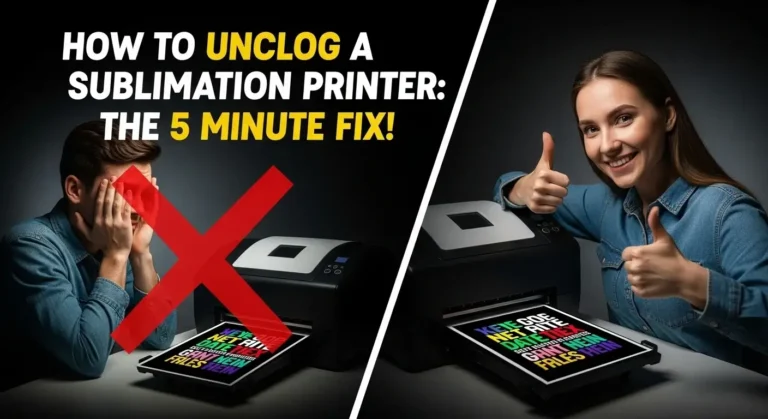 A person fixes a clogged sublimation printer, changing a look of frustration to a thumbs-up over a successful vibrant print.