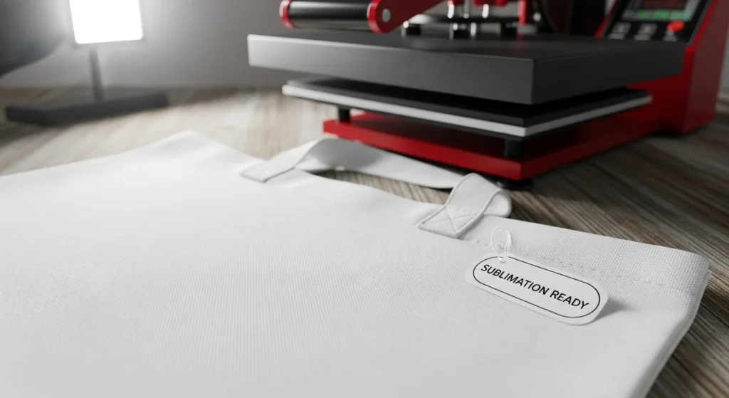 White polyester tote bag labeled “sublimation ready” on table with heat press in background.