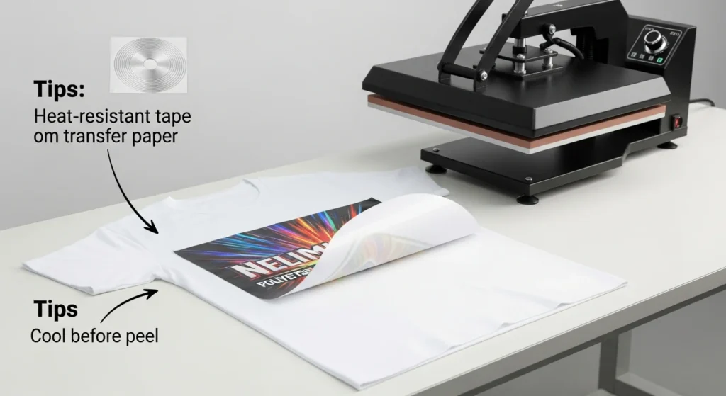 Cooled polyester shirt with half-peeled transfer showing sharp sublimation print, heat press and workspace in background.
