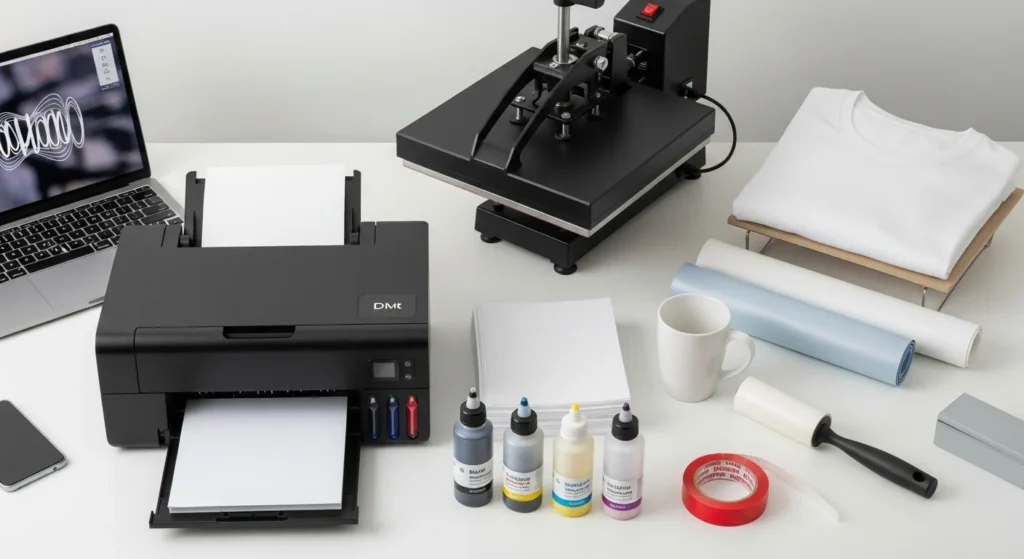 Organized sublimation printing workspace with printer, mirrored design on laptop, paper stack, and heat press in background.