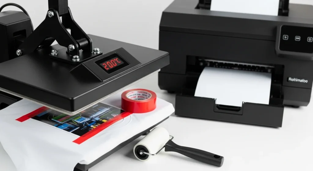 Sublimation heat press at 200°C pressing mirrored transfer on polyester shirt with lint roller and printer nearby.