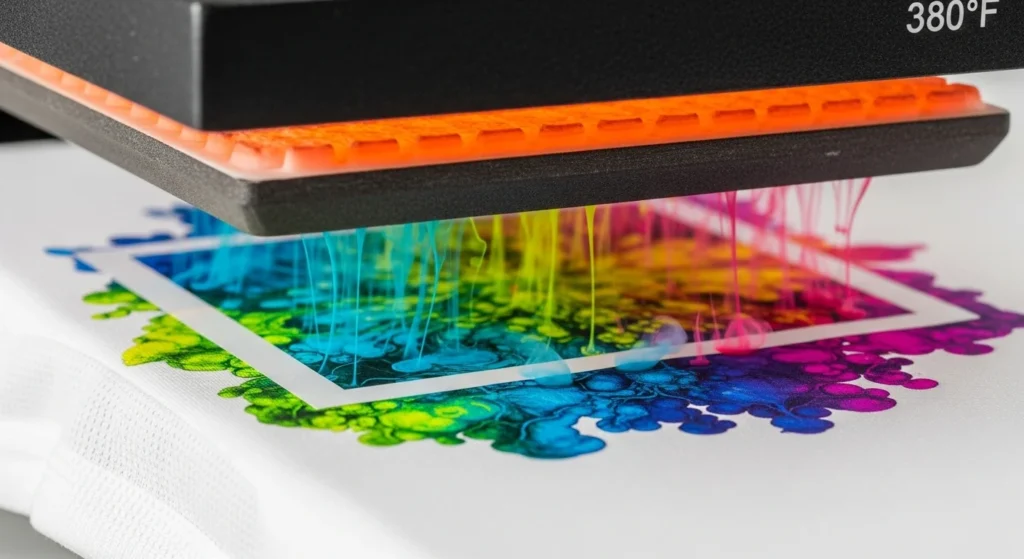 Heat press applying sublimation print onto polyester shirt as inks turn to gas and bond into fibers.