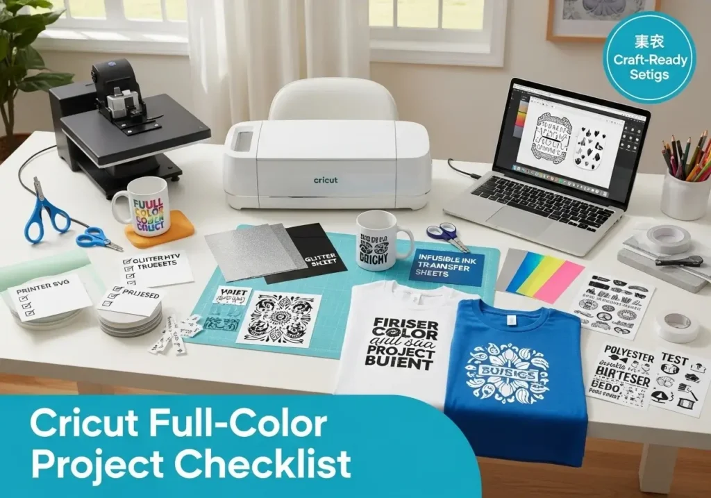 Cricut full-color craft setup with machine, printed mug, HTV sheets, infusible ink, heat press, and laptop showing Design Space.