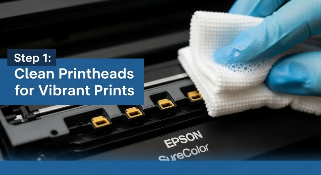 Gloved hand cleaning Epson SureColor printhead with lint-free cloth.