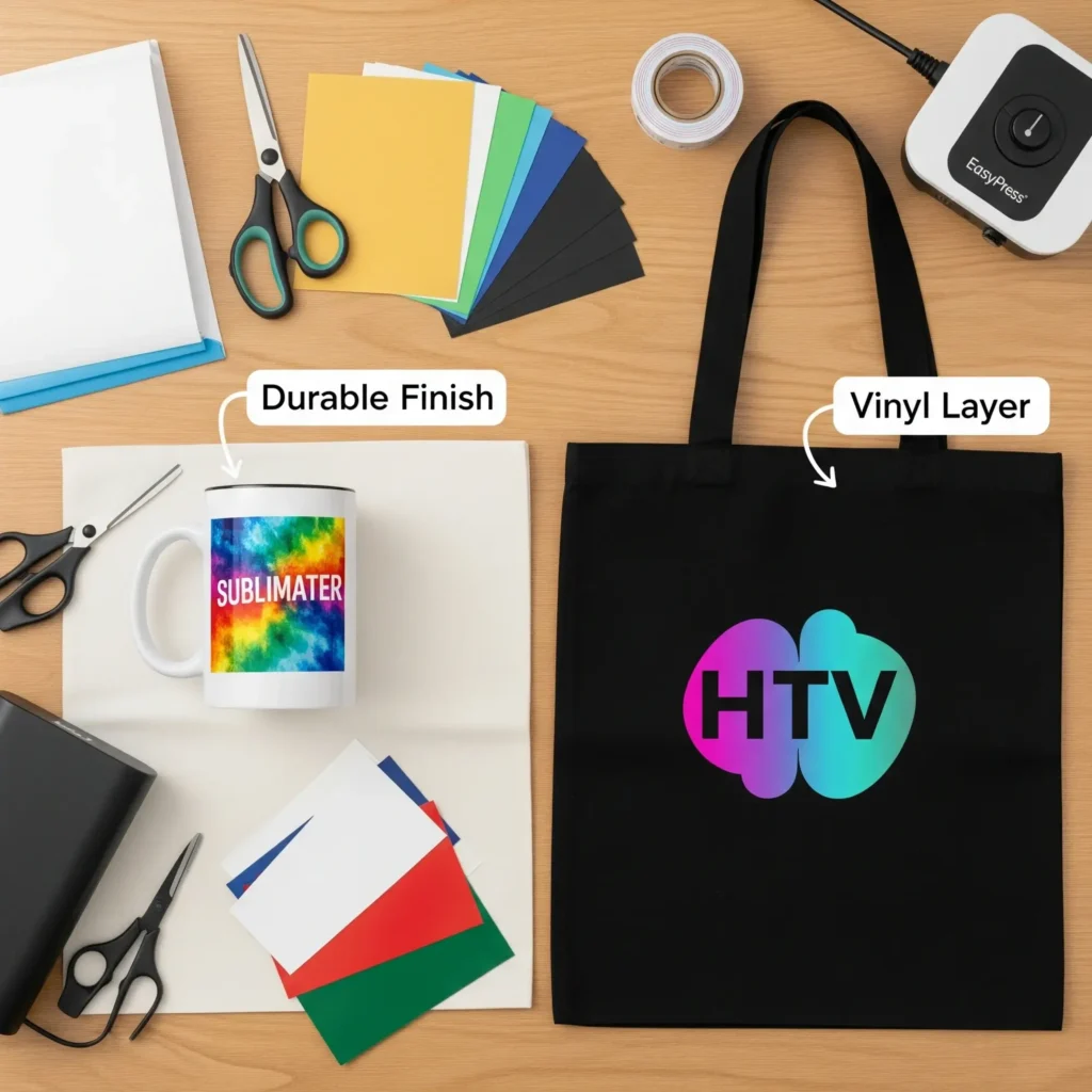 A flat lay showing a white sublimated mug and a black HTV tote bag surrounded by crafting tools.