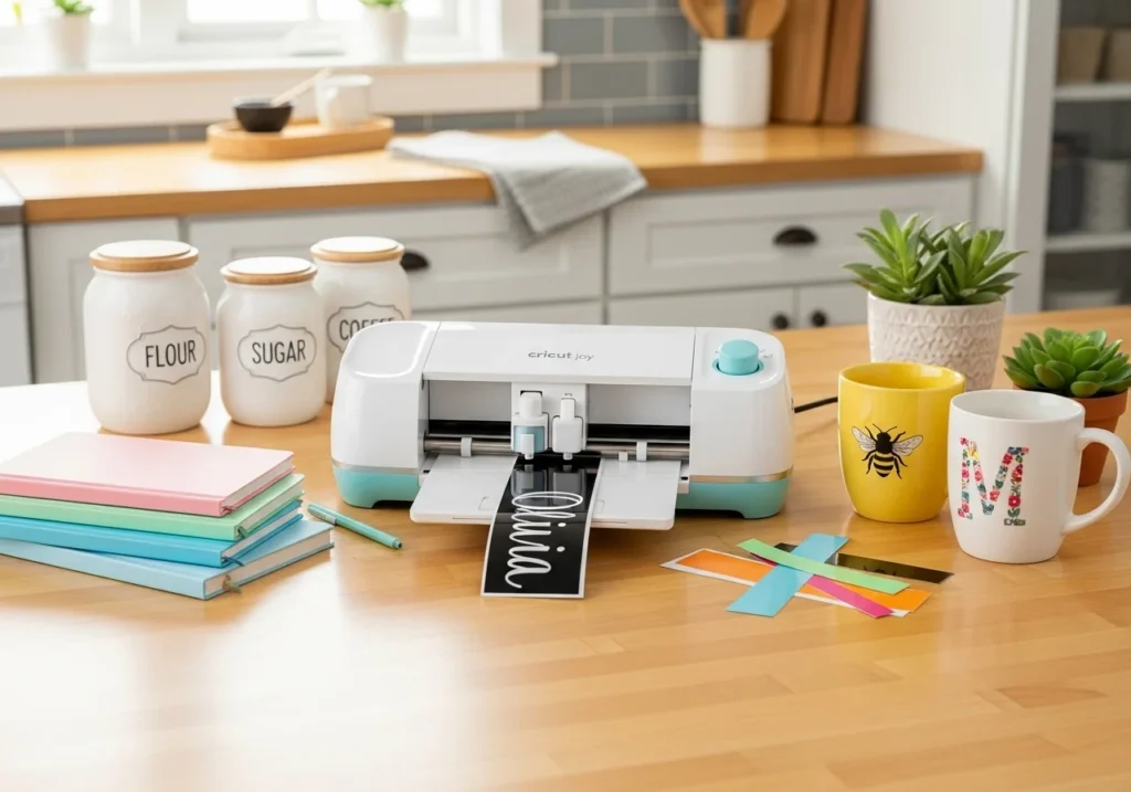 A tidy kitchen counter scene with a Cricut Joy printing out a vinyl name label, surrounded by small colorful notebooks, mugs, and personalized jars.