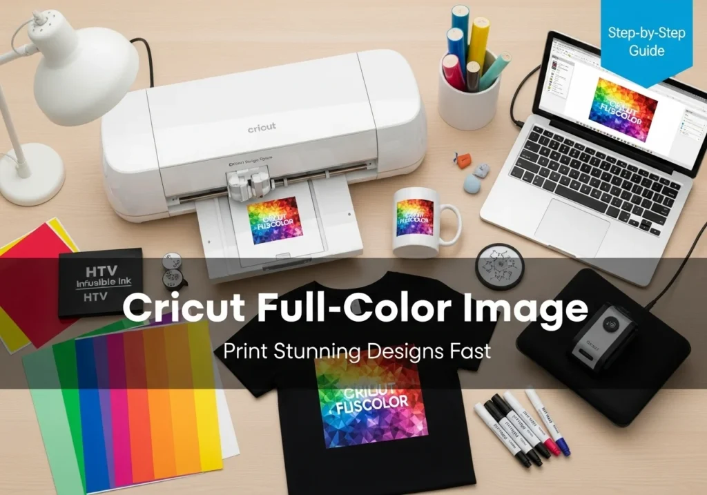 A top-down workspace view showing a Cricut machine cutting colorful vinyl next to a printed full-color mug and T-shirt. A laptop displays Cricut Design Space with a full-color design on screen.