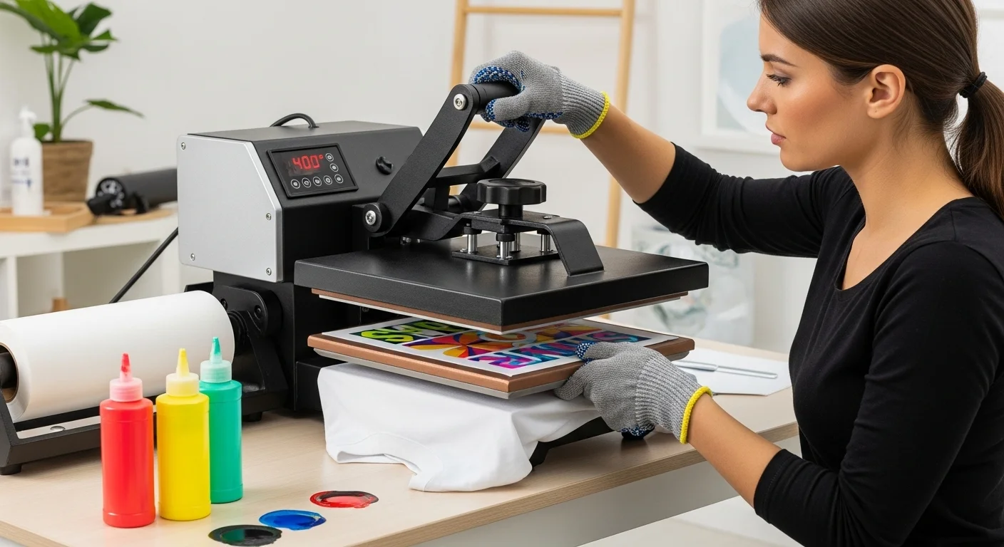 A woman uses a modern heat press machine to transfer a vibrant floral design onto a white t-shirt in a well-lit craft studio.