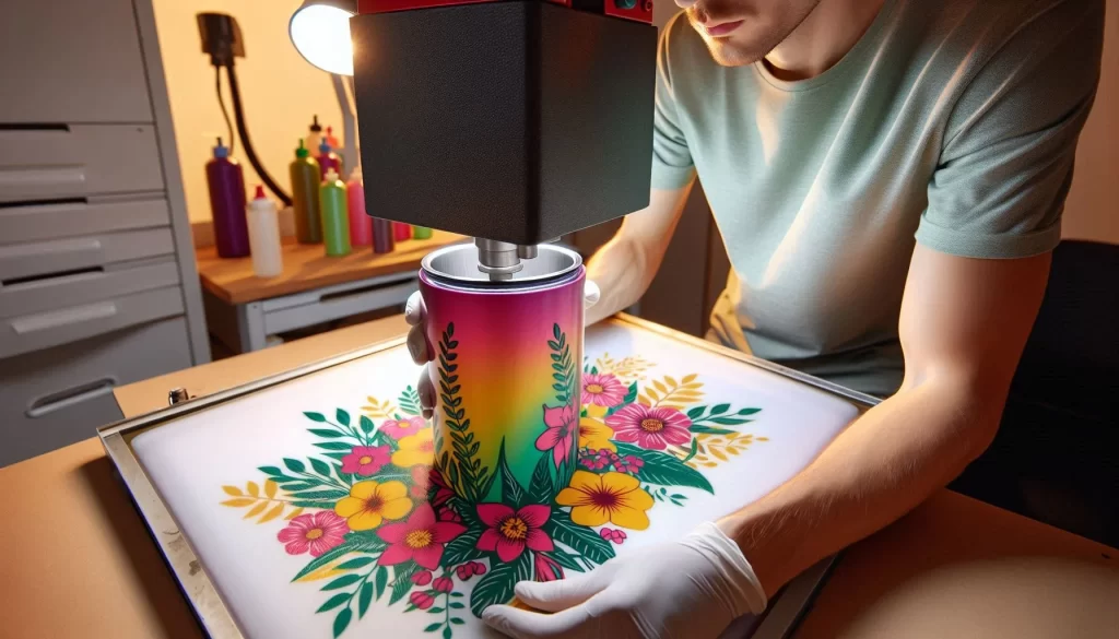 A man using a heat press machine to transfer a colorful design onto a tumbler. The design is a vibrant floral pattern with a mix of pink, yellow, and green. The lighting is bright and the background is a clean white. 