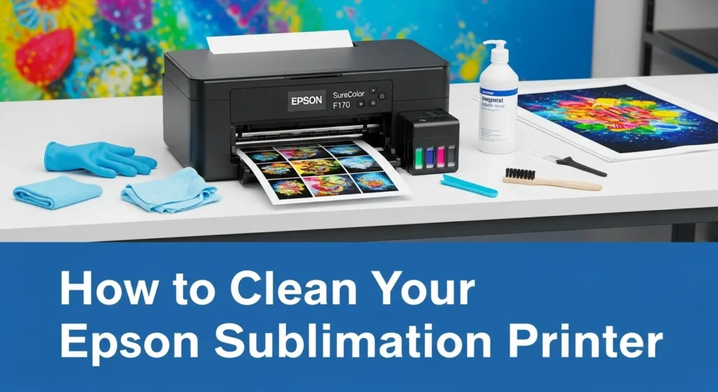Epson sublimation printer with vibrant print and cleaning guide call-to-action for social media.