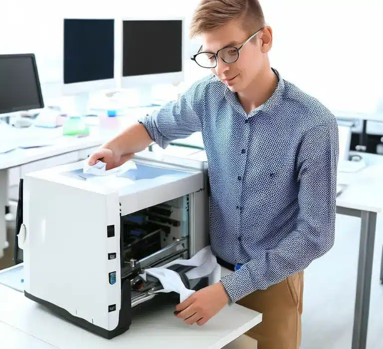 a office boy Cleaning a Sublimation Printer. (How to Clean Your Sublimation Printer)