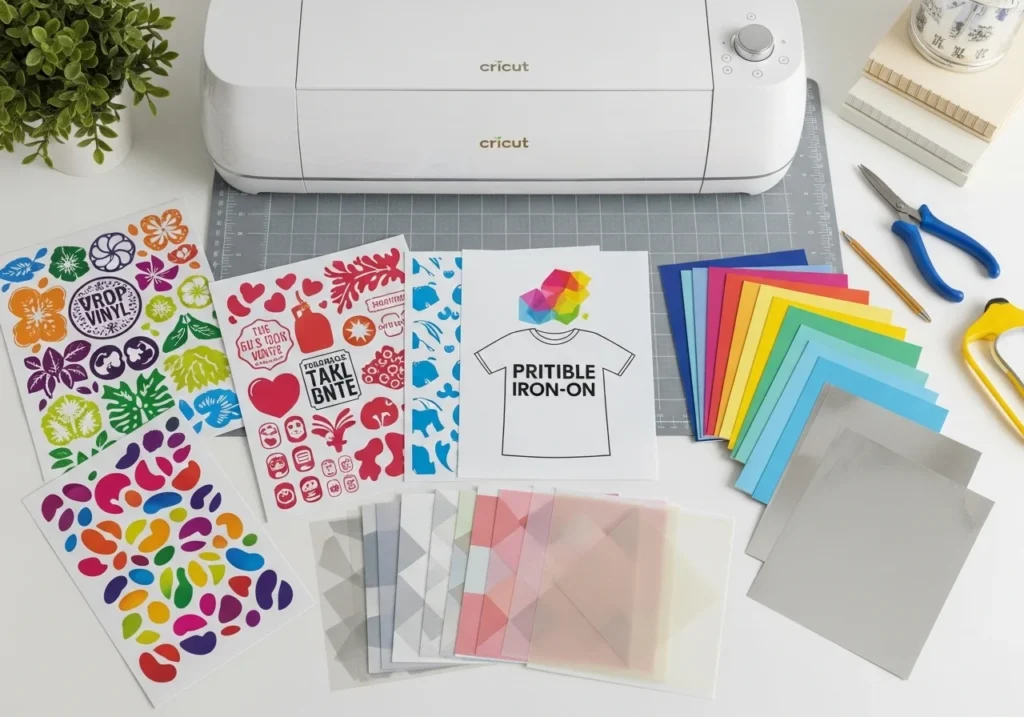 Cricut workspace with printable vinyl, iron-on, cardstock, acetate, and adhesive foil.