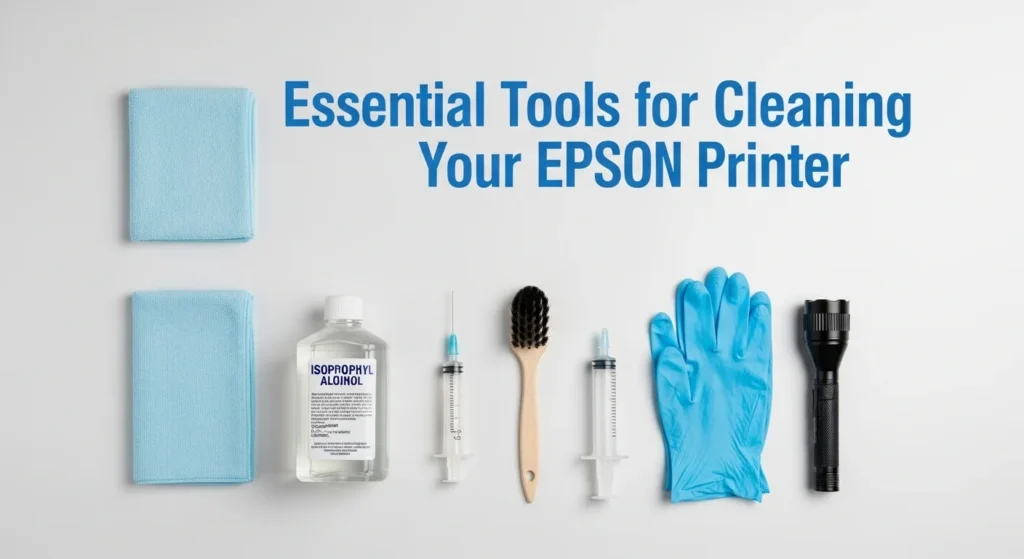 Cleaning supplies for Epson sublimation printer, including lint-free cloth, isopropyl alcohol, and gloves.
