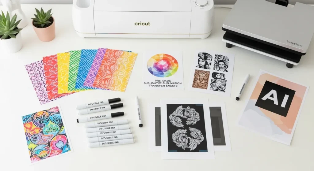 Cricut tools with Infusible Ink sheets, markers, premade transfers, and AI artwork displayed on a bright crafting workspace.