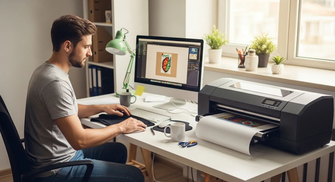a young man setting up a sublimation printer in her home office 