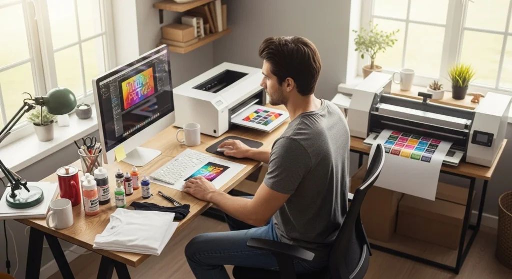 a man setting up a sublimation printer