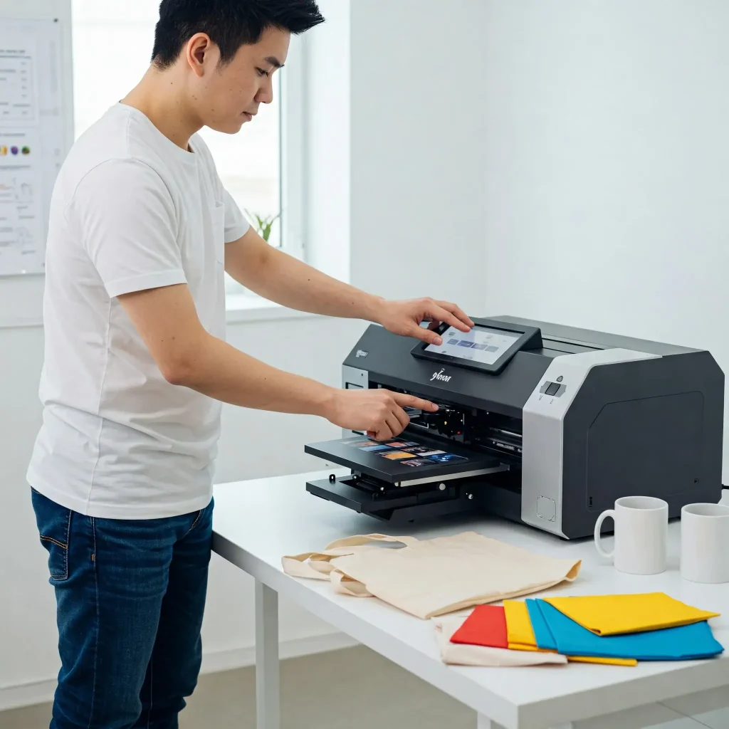A man is setting up a sublimation printer.