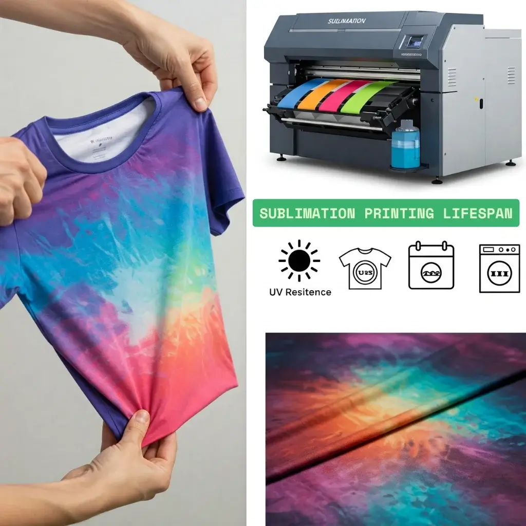 A sublimation shirt, printer, and information on the lifespan of printed items.