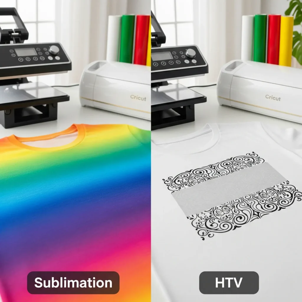 A split-screen image comparing a vibrant sublimation-printed t-shirt on the left with an HTV-decorated cotton t-shirt on the right. Labels "Sublimation" and "HTV" are visible. The background shows a crafting workspace with a heat press, Cricut machine, and vinyl rolls.