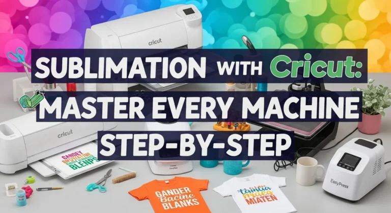 Thumbnail for ‘Sublimation with Cricut: Master Every Machine Step-by-Step’ with bold, colorful text over a workspace showing Cricut machine, sublimation printer, EasyPress, t-shirts, and mugs.
