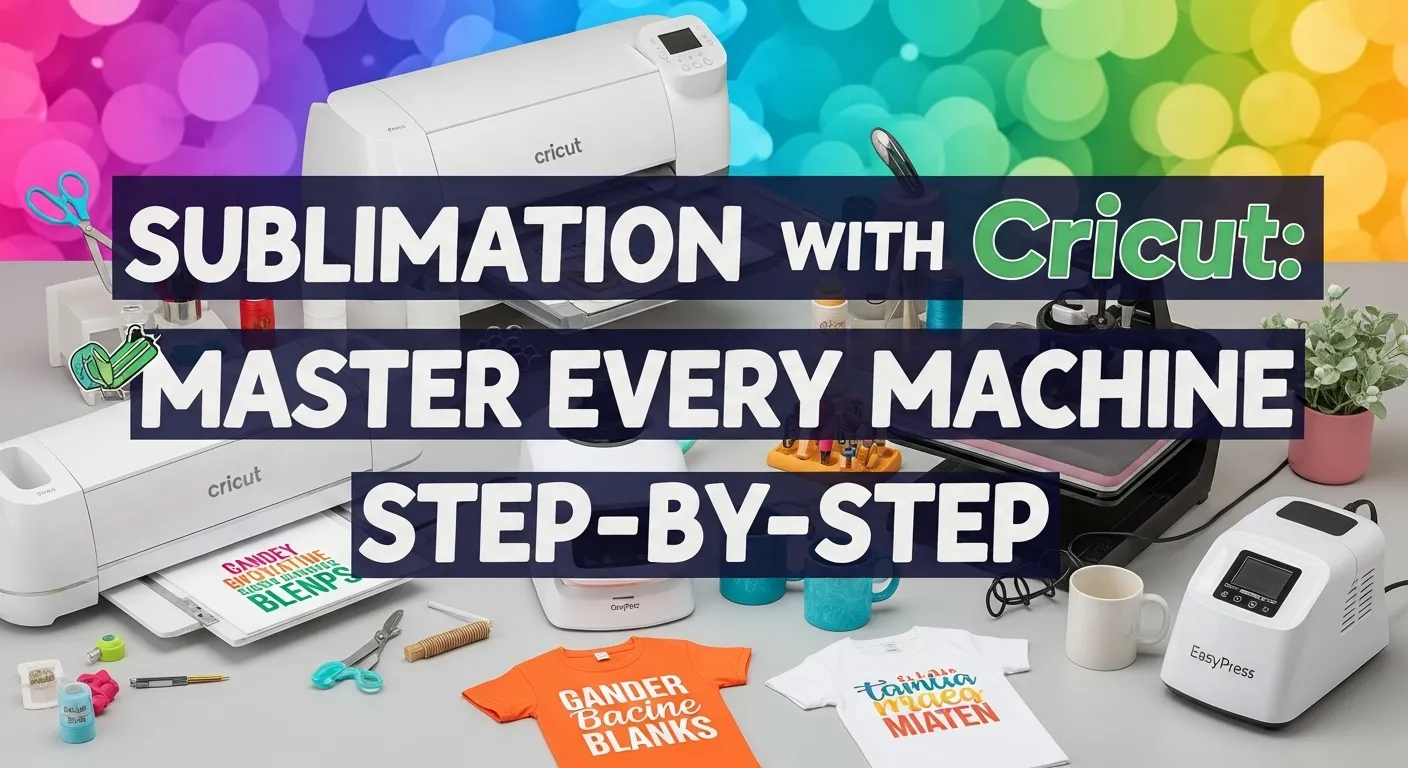 Thumbnail for ‘Sublimation with Cricut: Master Every Machine Step-by-Step’ with bold, colorful text over a workspace showing Cricut machine, sublimation printer, EasyPress, t-shirts, and mugs.