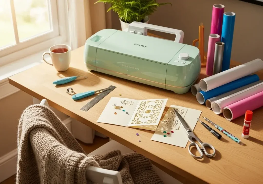 A bright, cozy crafting desk setup with a Cricut Explore Air 2 (mint green), vinyl rolls, scissors, and a half-finished card project, with sunlight pouring in.