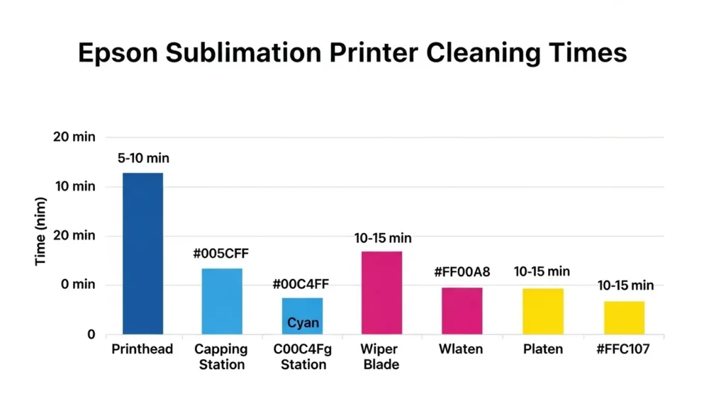 Bar chart showing cleaning times for Epson sublimation printer components.