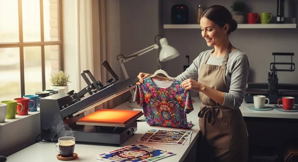 Sublimation printing studio with heat press and colorful transfers.