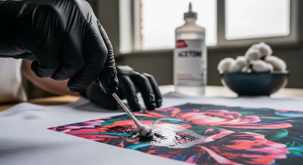 Close-up of a gloved hand using a acetone-soaked cotton swab to gently remove a faded floral design from a white polyester t-shirt, with solvent bottles blurred in the background.