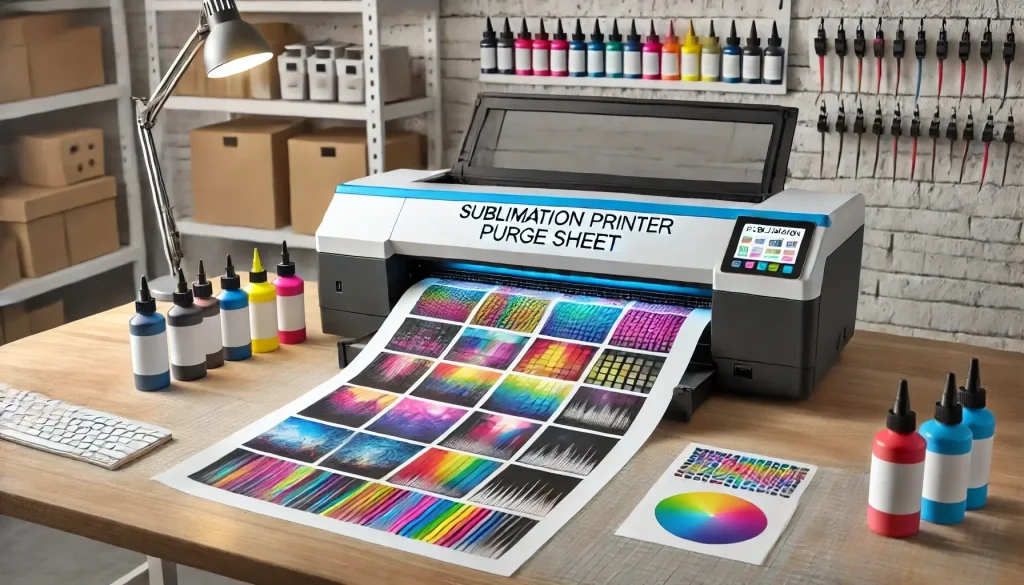 A sublimation printer printing a purge sheet. A test page with vibrant color blocks is being ejected by the printer.