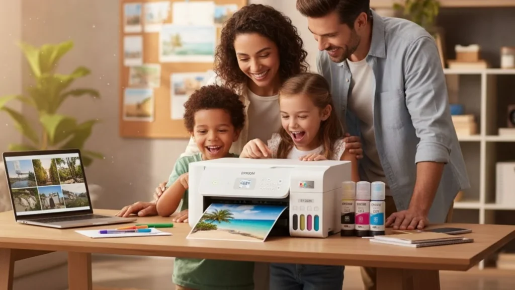 A life style image of Epson EcoTank ET-2800 with family.