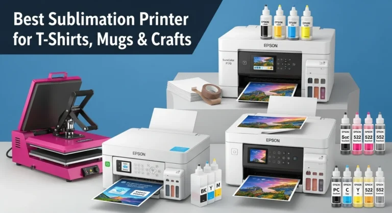 A vibrant product showcase featuring Epson printers, ink bottles, a heat press, paper, and tape, with a prominent bold text overlay.