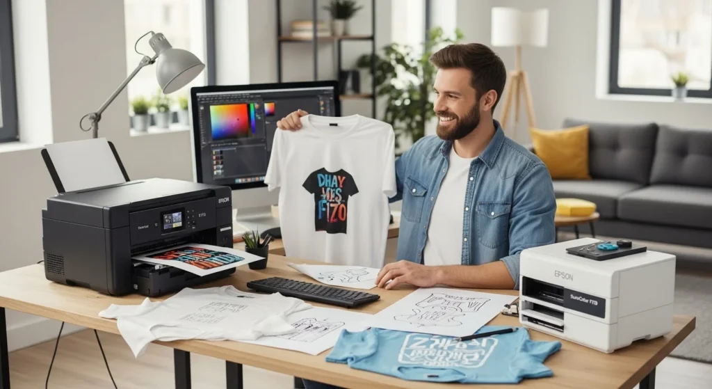 A small business owner in a home office enthusiastically printing custom t-shirt designs using the Epson SureColor F170 printer. 