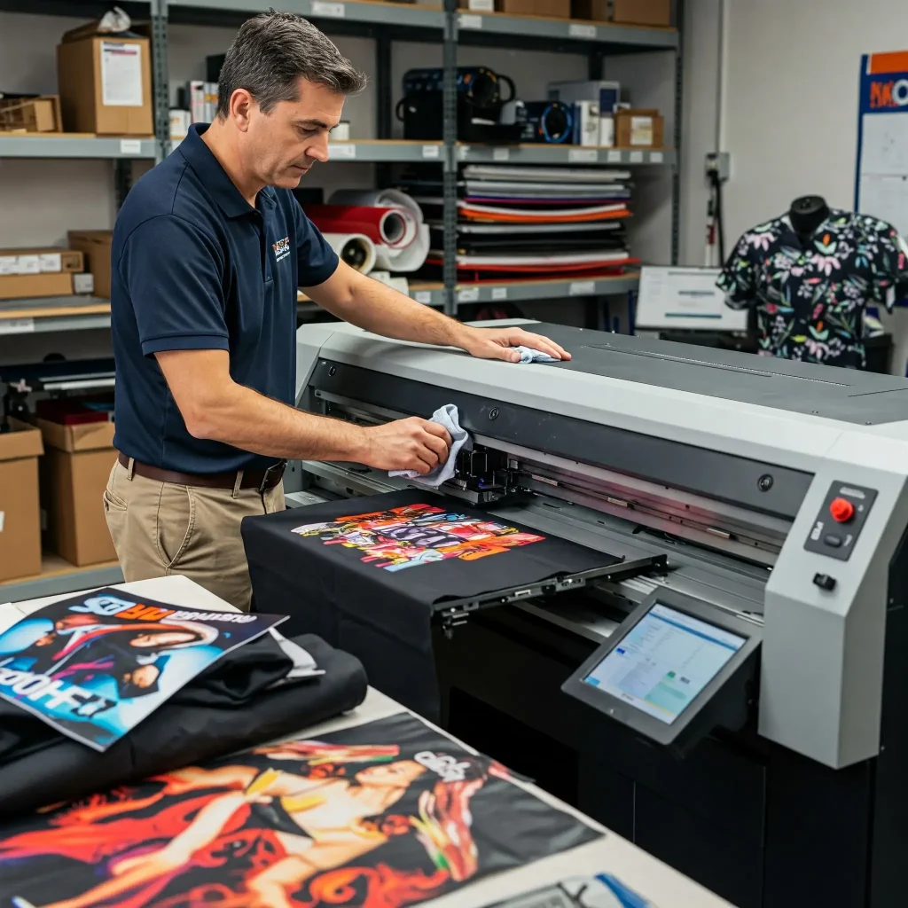A man is cleaning the sublimation printer head. 