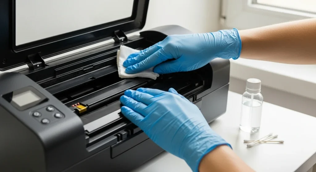 Person wearing gloves cleaning a sublimation printer printhead with a lint-free cloth, alcohol and cotton swabs nearby.