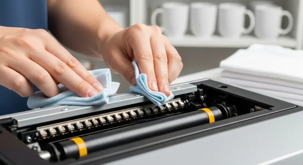 Person cleaning sublimation printer to prevent dust and ink buildup for better print quality.