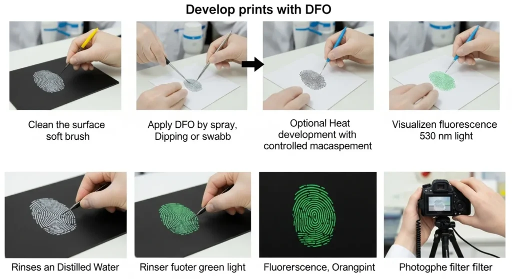 Step-by-step process of developing fingerprints with DFO in a forensic lab.