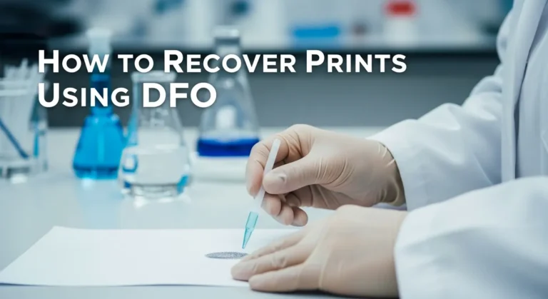 Hands in gloves recovering fingerprints on paper using DFO in a lab.
