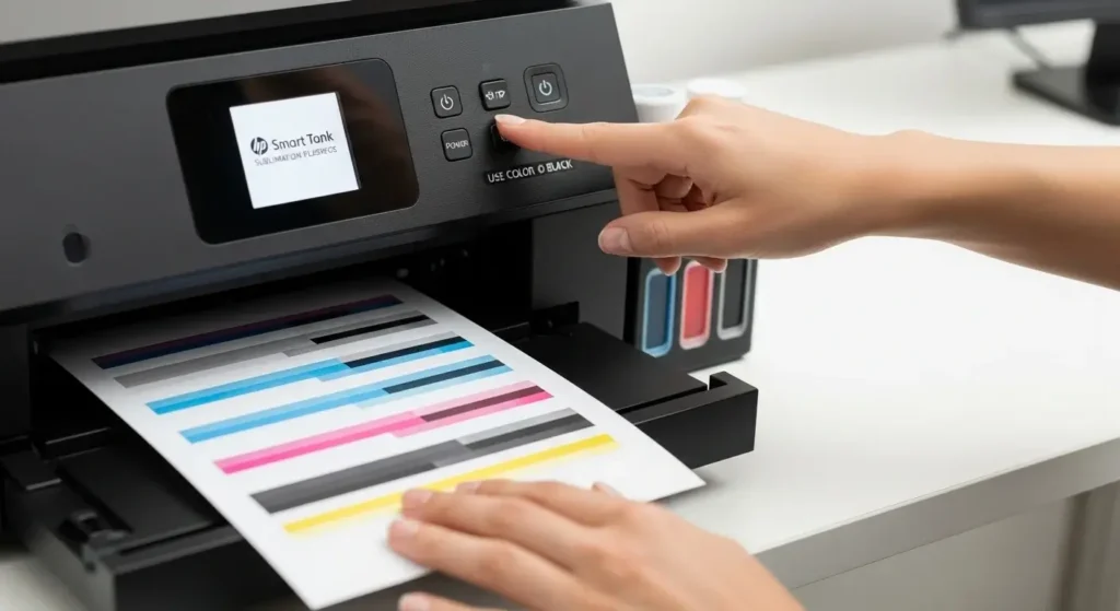 HP Smart Tank sublimation printer running ink flushing process with test page showing faded colors.