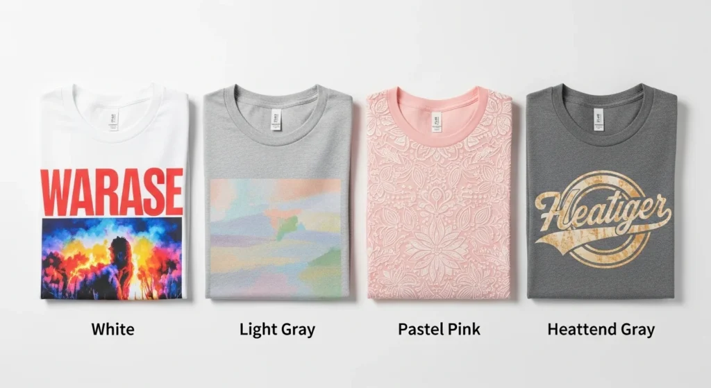 White, light gray, pastel pink, and heather shirts displayed with sublimation prints to show color accuracy and print vibrancy differences.
