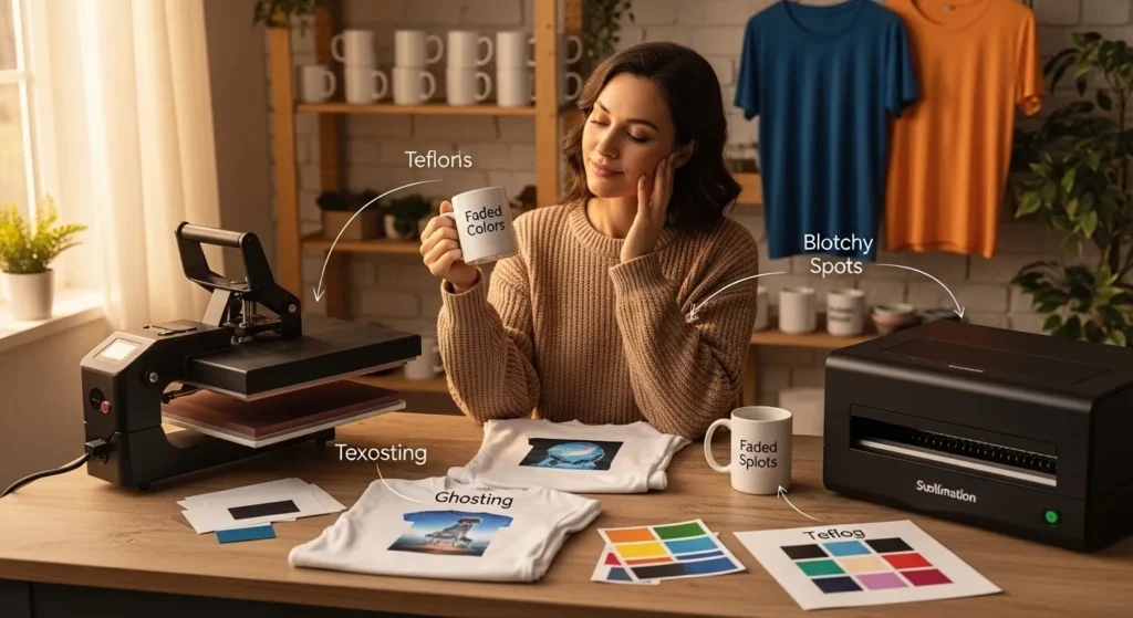 Woman reviewing sublimation prints at a cozy home workspace with visible temperature-related printing issues.