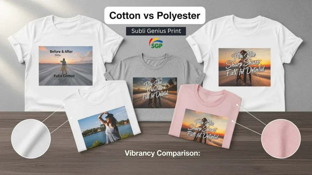 Side-by-side shirts showing faded sublimation on cotton and vibrant print on polyester.