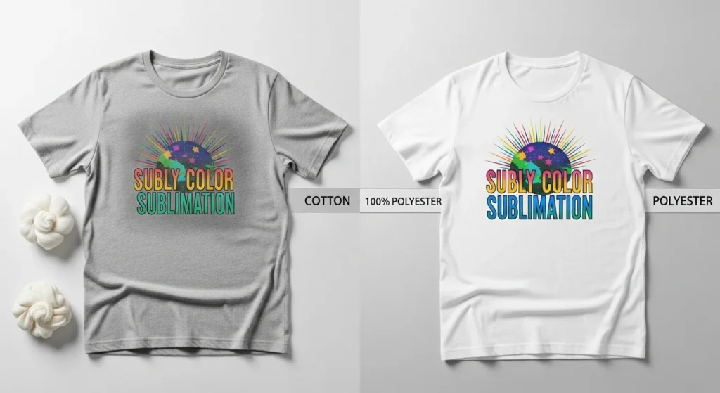 Cotton shirt with faded print next to a polyester shirt with a vibrant sublimation design, showing print quality difference.